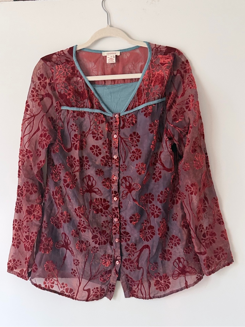 Sundance Red Floral Burnout Sheer Button-Up with Blue Trim